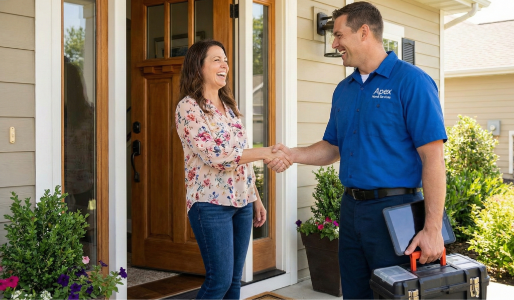 happy tech completing job amd shaking hads with customer